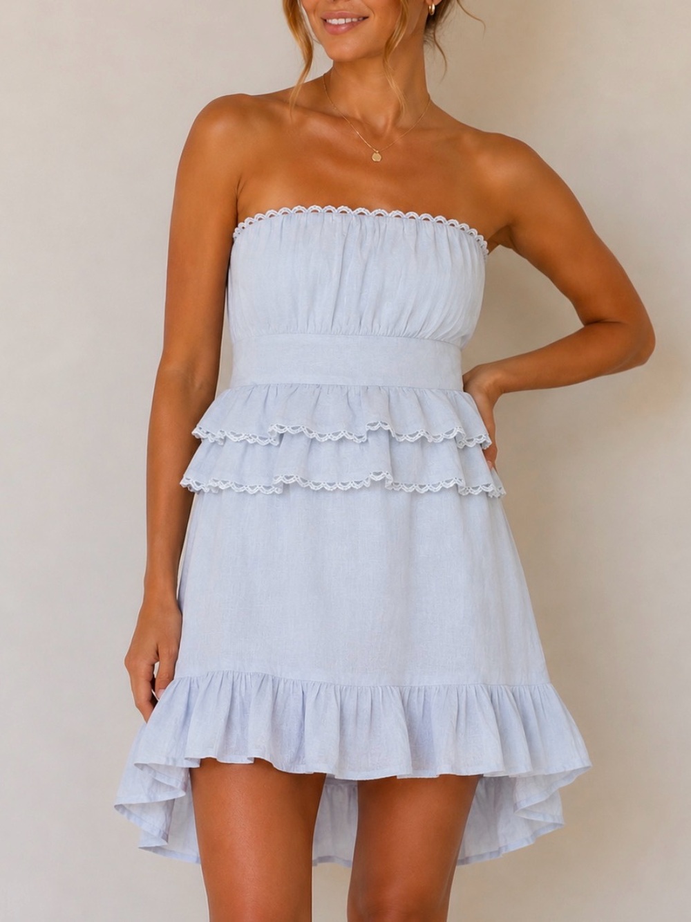 Hello Molly Strapless Double Ruffle Mini Dress Light Blue Size 6 NWT